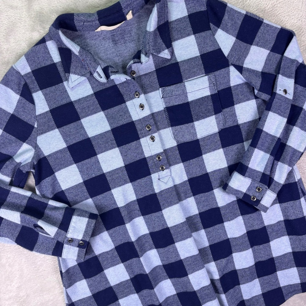 Soft Surroundings Women's Plaid Henley Tunic Top Size L Blue Check Flannel